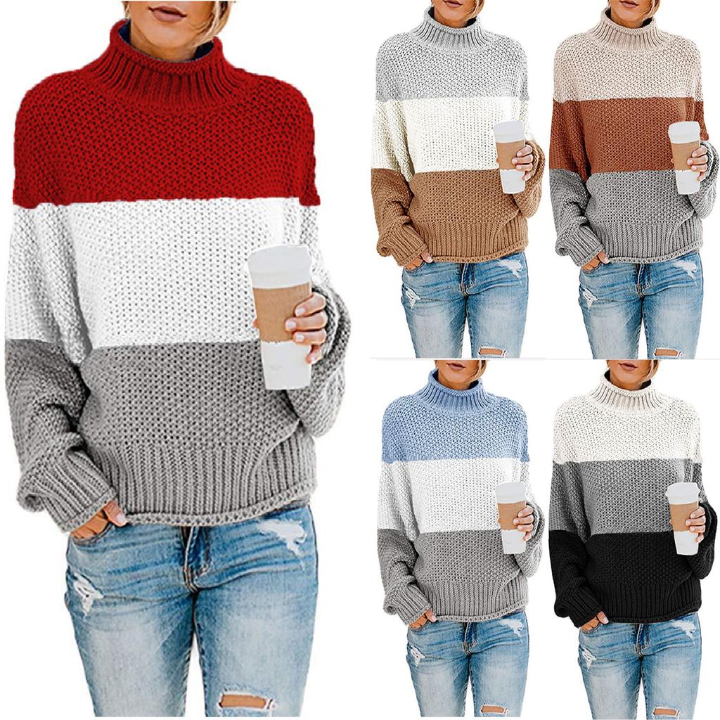   Winter Women Knit Color Matching Round Neck Loose Casual Sweater Tops