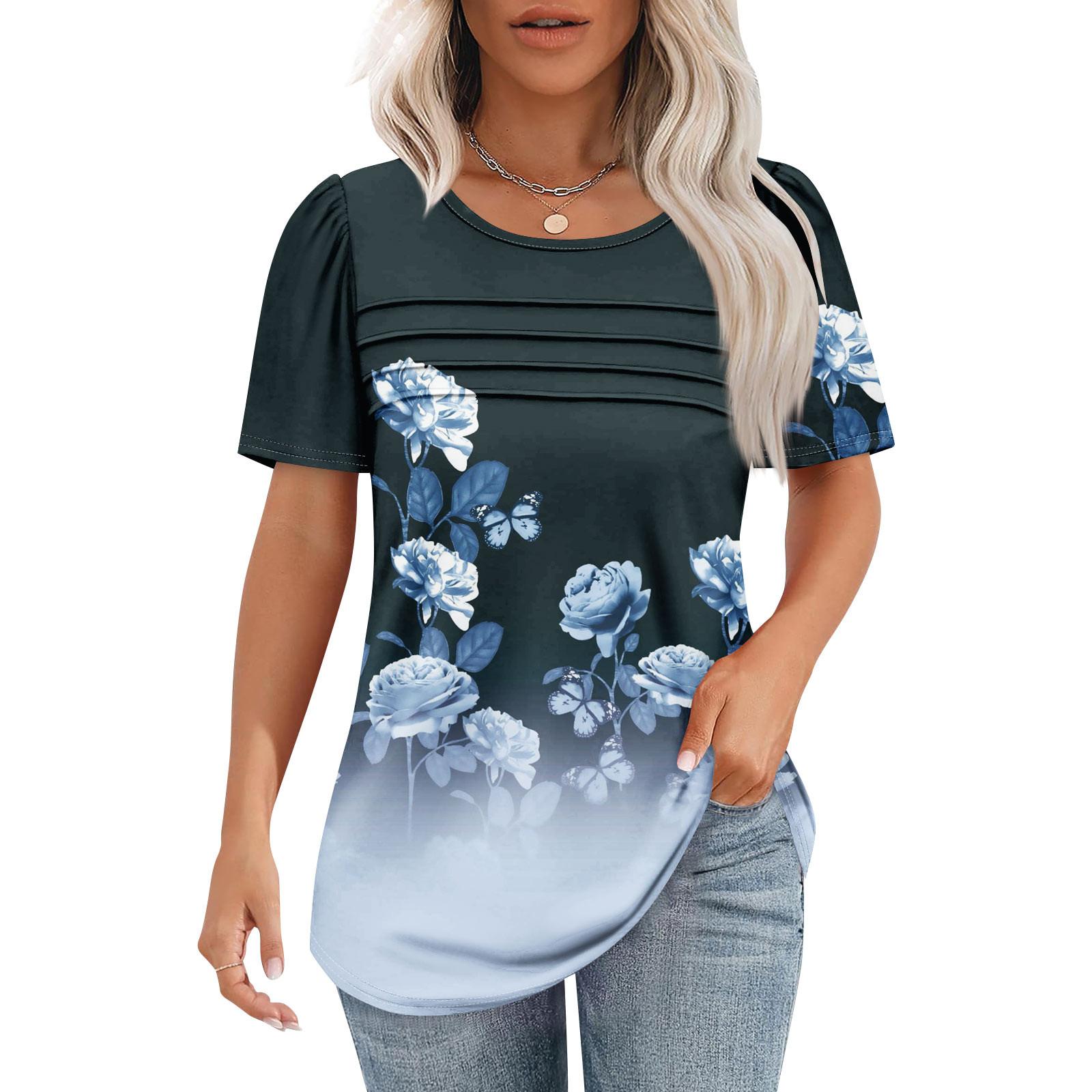 

Женская футболка с коротким рукавом, элегантная повседневная рубашка, весенне-летний наряд, струящиеся плиссированные топы с круглым вырезом спереди, летние топы XL синий