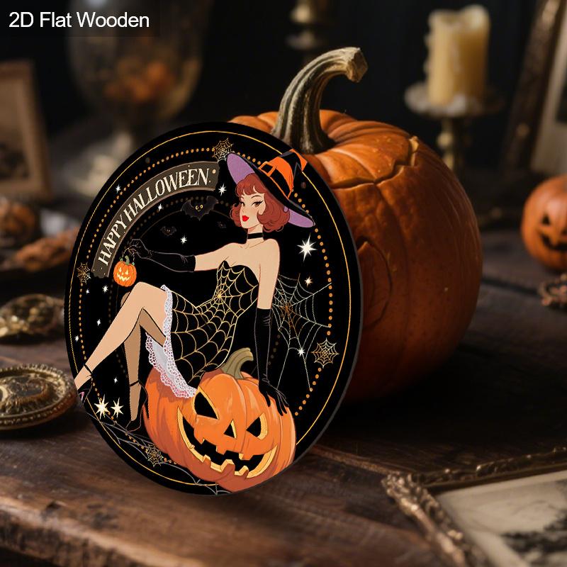 Wooden Happy Halloween Sign with Witch & Pumpkin Pattern - Unique Figurine Ornaments - Ideal for Front Door, Yard, Porch, Room Decor