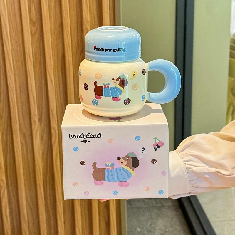 Cute Dachshund Puppy Ceramic Kettle Couple with High Value Mug with Lid To Send Birthday Gifts for Girls