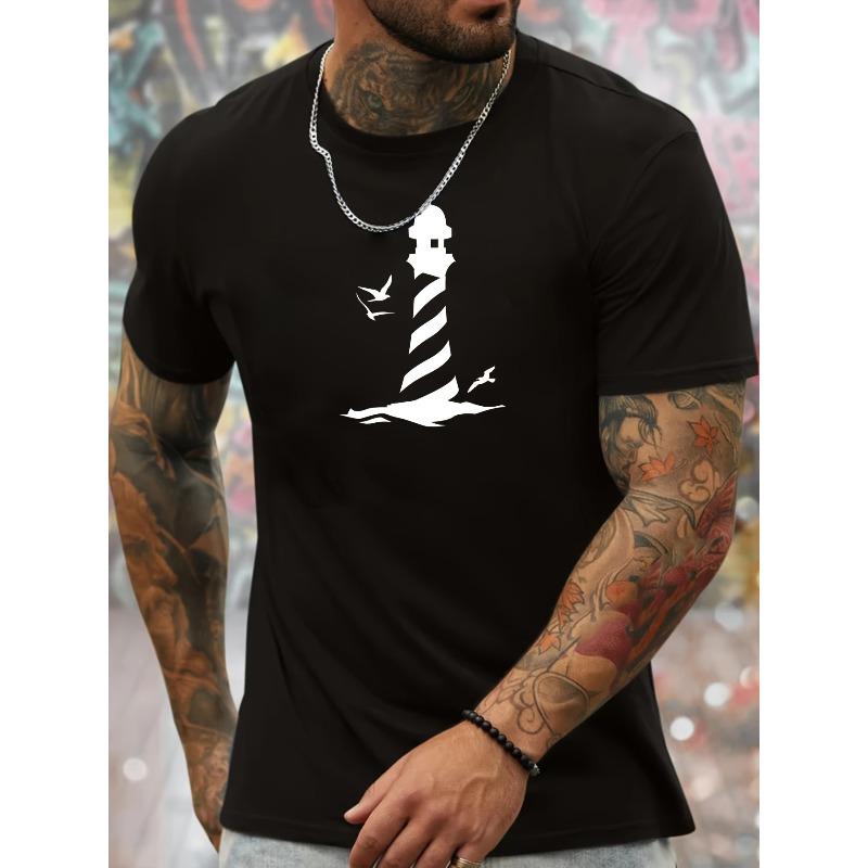 

European sizes Men s Casual Crew Neck T-Shirt with Lighthouse and Seagulls Silhouette - Summer Wear, Regular Fit 4XL чорний