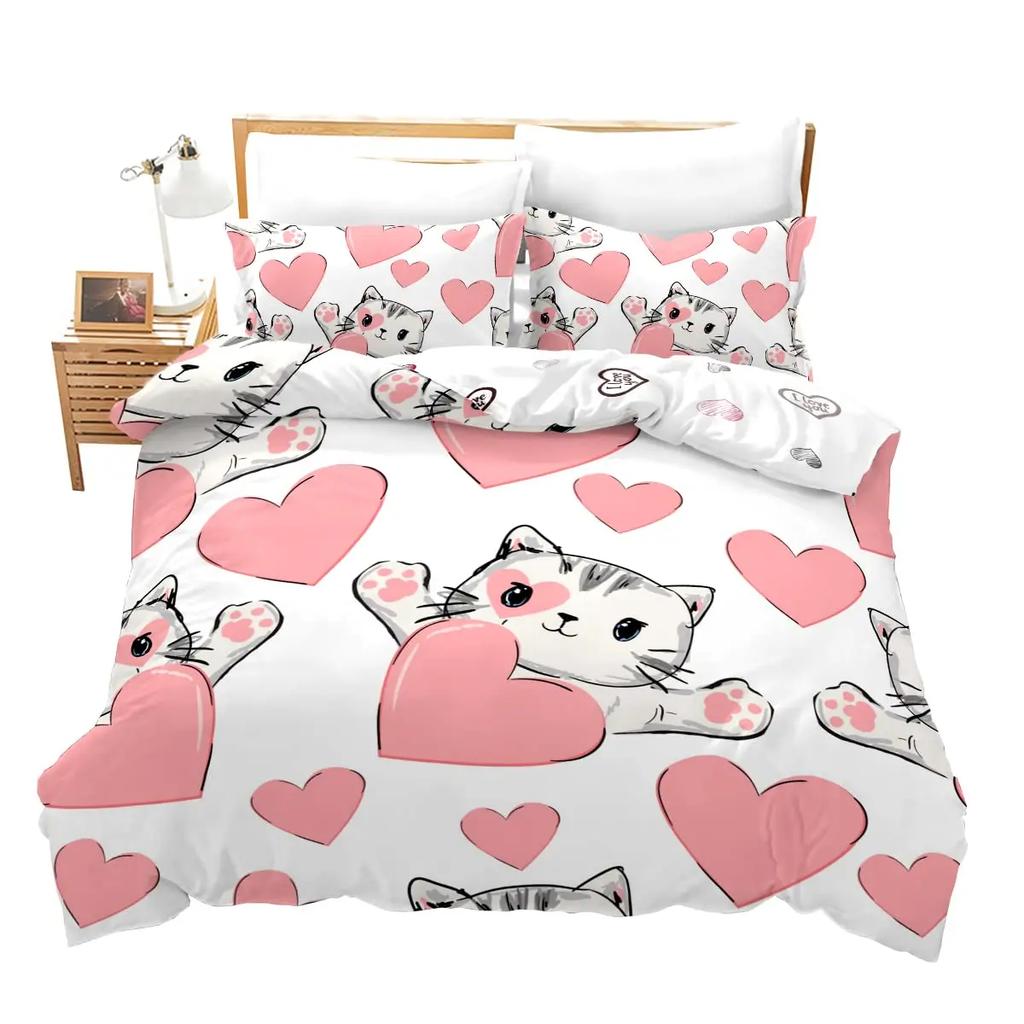 Kawaii Cat Duvet Cover Set for GirlsCute Cartoon Animal Kitten Bedding Set Lovely Romantic Theme Soft Comforter Cover Full Size