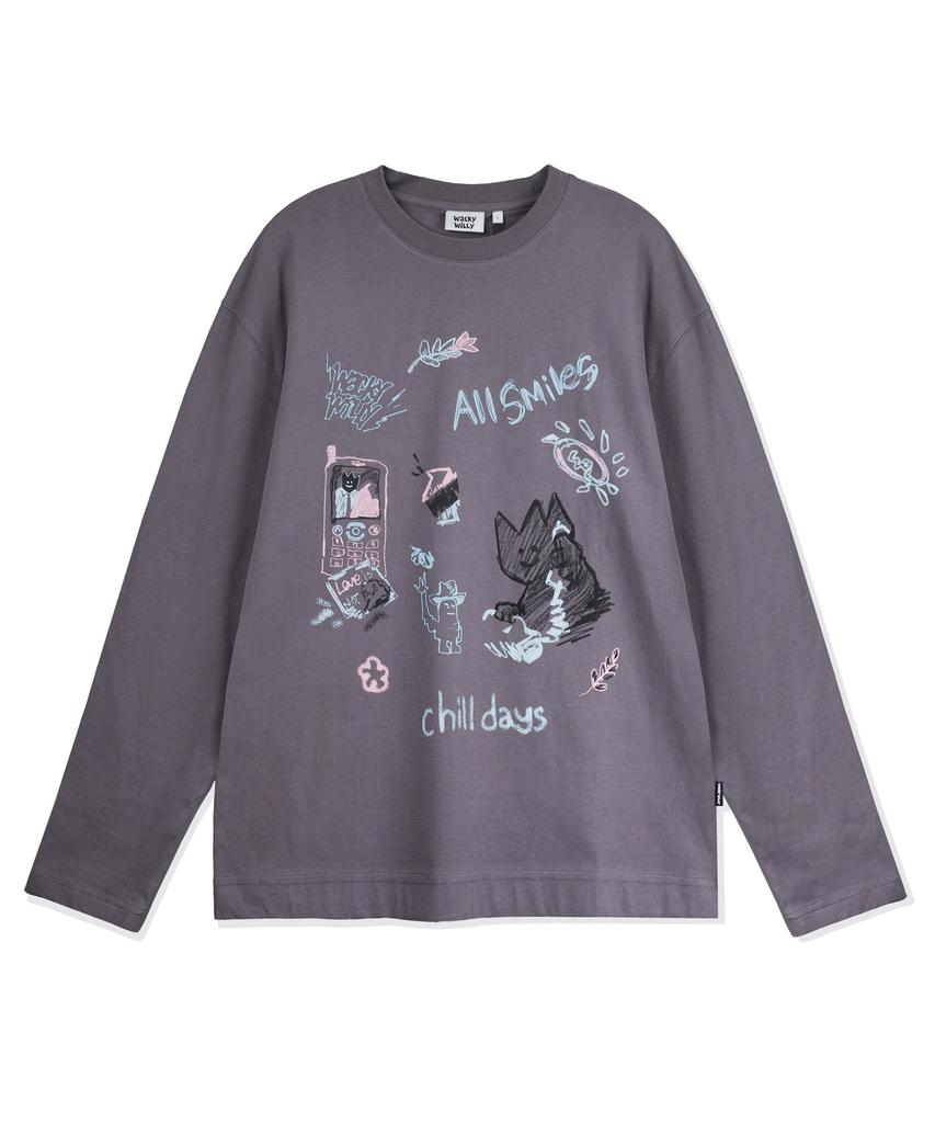 WACKY WILLY Kiki Multi-Graphic Long Sleeve T-Shirt Charcoal