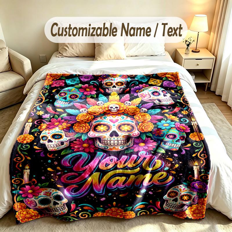 Day of the Dead Theme Custom Blanket Personalized Name & Text Customized Soft Warm Throw Blanket Home Decor