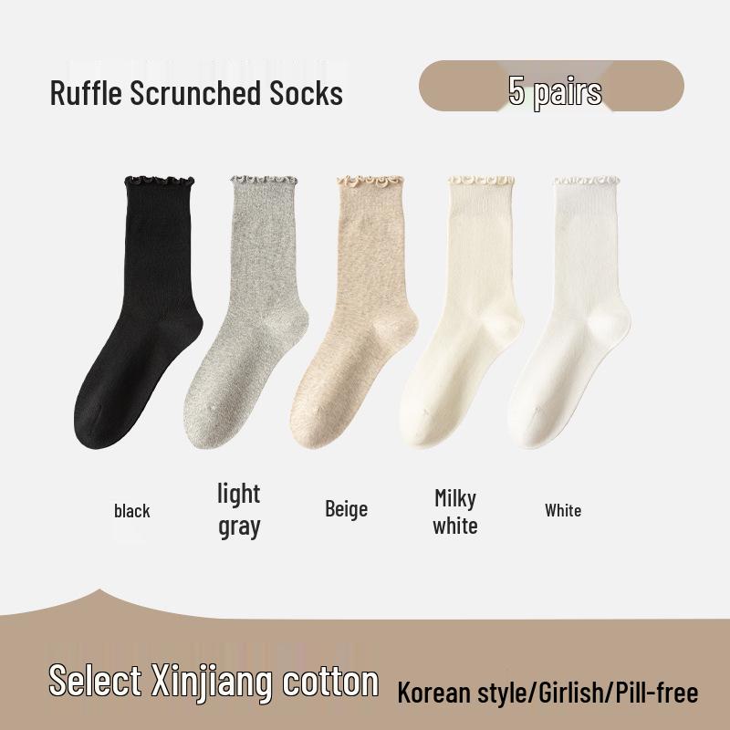 Women's Mid-Calf Lace Pile Socks - Korean Wood Ear Edge, Perfect for Loafers, Y2K Style