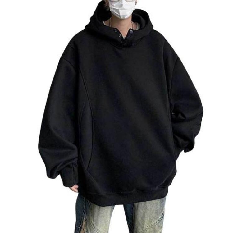 Men Warm Pullover Hoodie Big Pockets Buttoned Hood Loose Cuff Mid Length Fall Winter Hip Hop Sport Daily Wear Solid Color Top M