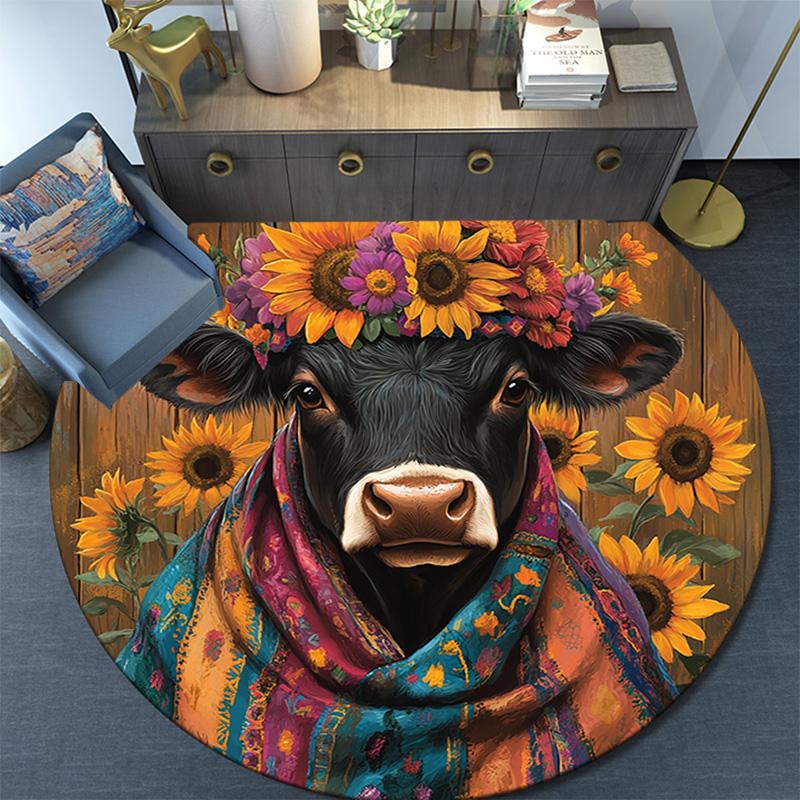 Cow with Sunflower Round Area Rug,Carpet Rug for Living Room Bedroom Sofa Playroom Decor,Non-slip Floor Mat