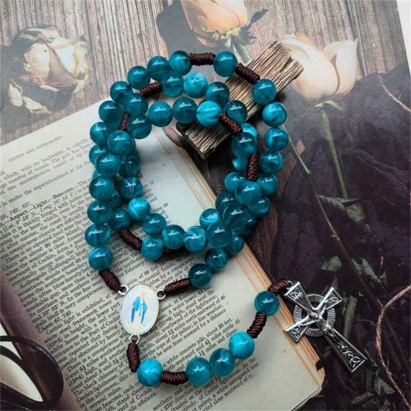 Prayer Beads Necklace Catholic Jewelry Blue Glass Beads Crucifix Charm