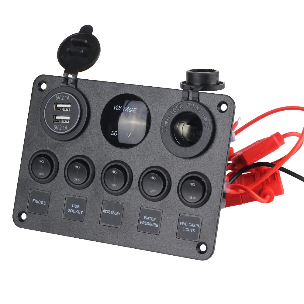 5 Gang Car Switch Panel Car Accessories Marine LED Rocker 12V Outlet Combination Boat Switch Panel Dual USB Port Waterproof Digital Voltmeter