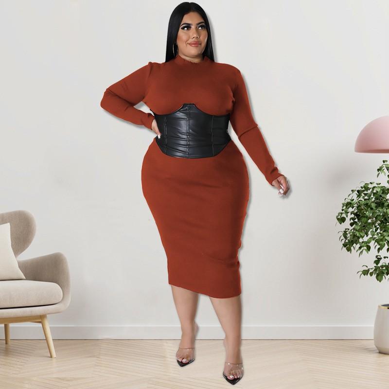 Plus Size Womens Knit Midi Dress With Zipper Detail Double-Layer Collar Long Sleeve Milk Silk Fabric Sweet Fresh Style