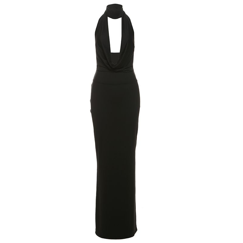 

# Sisjuly# Fashion Style Niche Design Pure Color Sleeveless Deep V-neck Sexy Halter Slim Fit Dress Women Black S