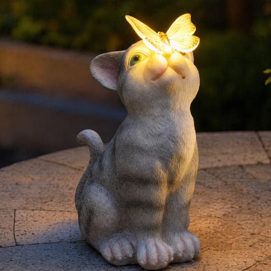 Cat Statue Solar Light, Outdoor Kitten Bunny Butterfly Sculpture Garden Light, Waterproof Solar Resin Animal Light for Pathway Yard Patio