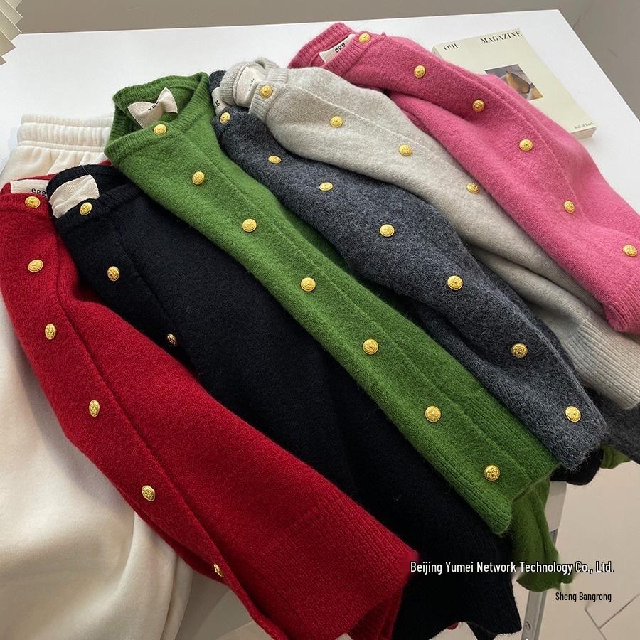 Whitening Raspberry Pink Gold Button Knit Cardigan - Women's Autumn/Winter Korean Style, Soft, Thick, Warm, Round Neck Wool.