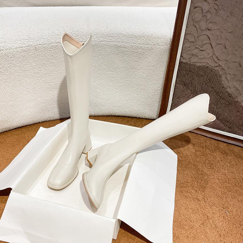 Boots women's new models but knee white square head thick heel elastic boots elastic boots high knight boots women