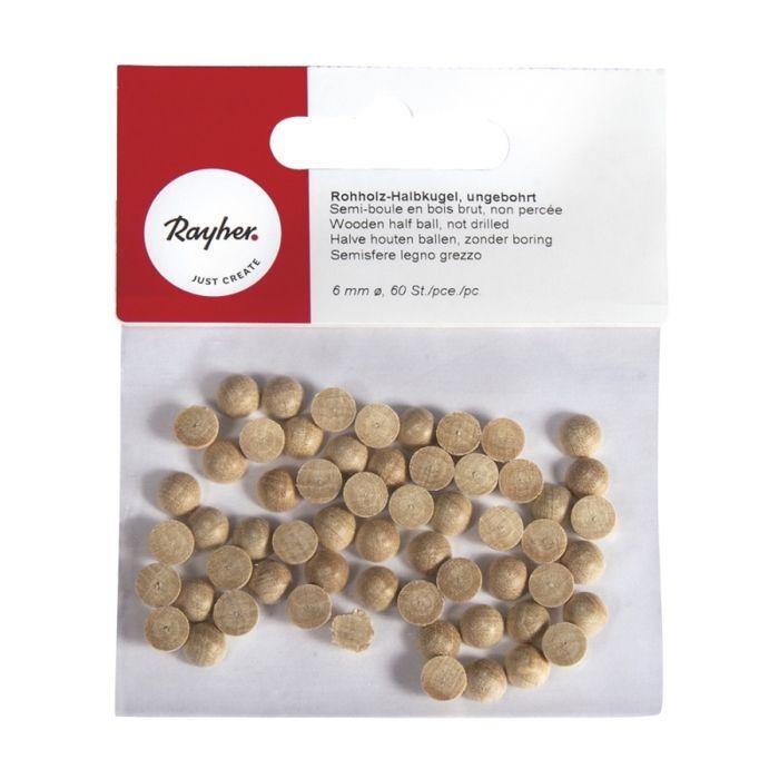Halvkulor i rått trä, oborrade, 6 mm diameter, 60 stycken