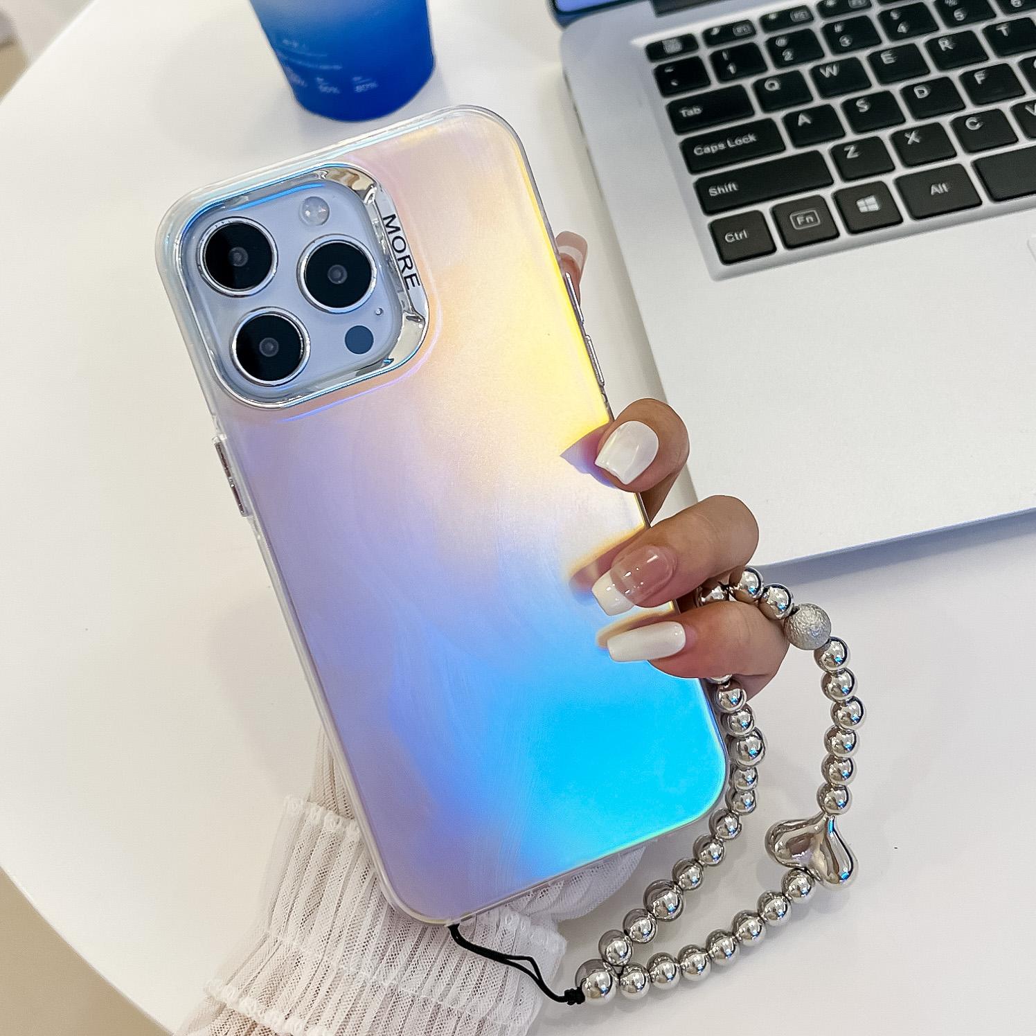 

For iPhone 15 Pro Max Case PC+TPU IMD Laser Texture Matte Phone Cover with Beaded Bracelet AK4