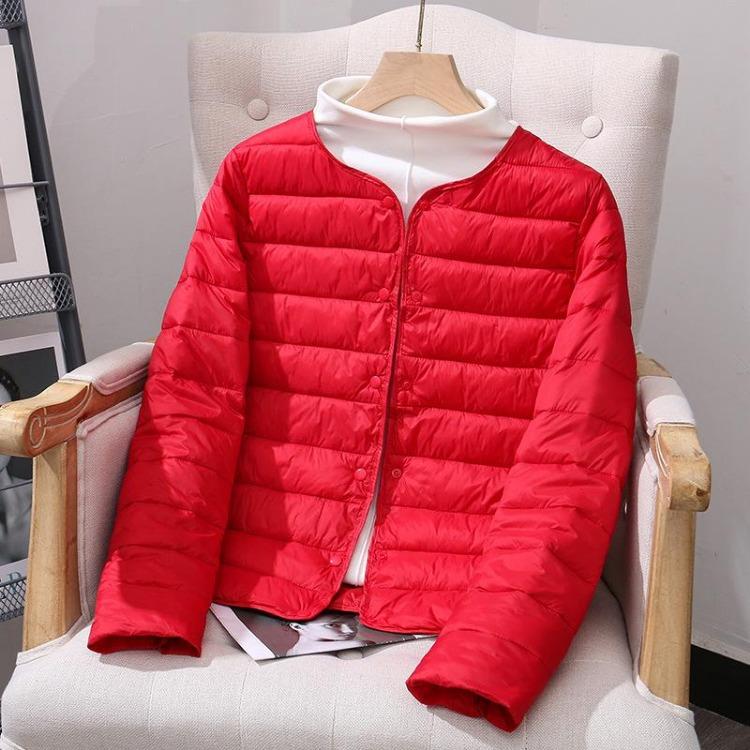 Leichte Daunen-Baumwolljacke für Damen Herbst Winter Vielseitig zum Layering Kurz Rund V-Ausschnitt