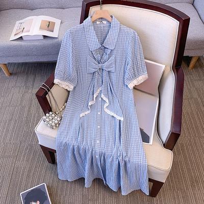 Plus Size Women's New Polo Collar Loose Blue Plaid Short Sleeved Dress