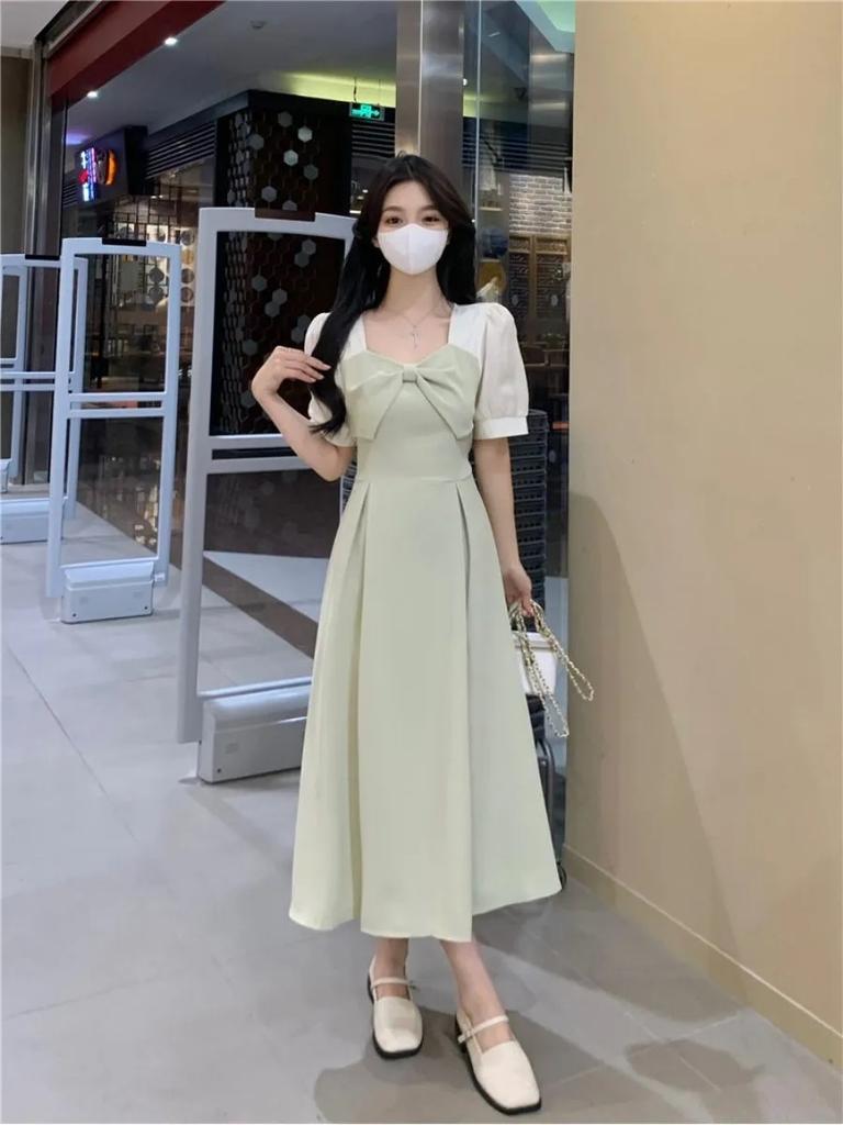 Plus Size Hepburn-style Dress, Summer New French Bow Patchwork with Plus-size A-line Mid-length Skirt