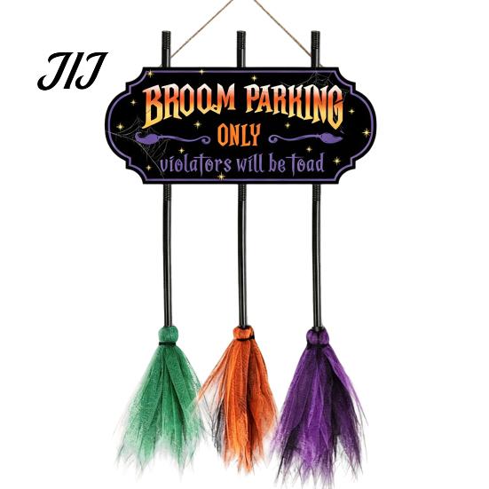 Reusable Farmhouse Entrance Signs Halloween Broom Parking Sign with 3 Witch Brooms, Hocus Pocus Themed Wooden Sign, Lightweight Seasonal Hanging Props