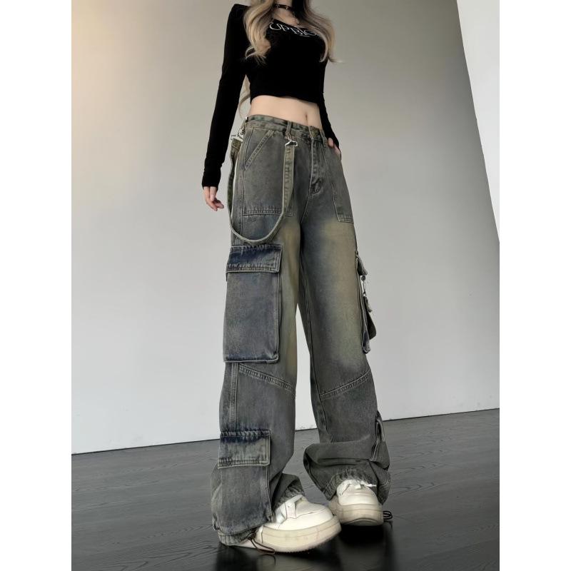 American High Street Retro High-Waist Multi-Pocket Wide-Leg Jeans for Women: Slimming, Loose-Fit Workwear - Autumn/Winter Fashion