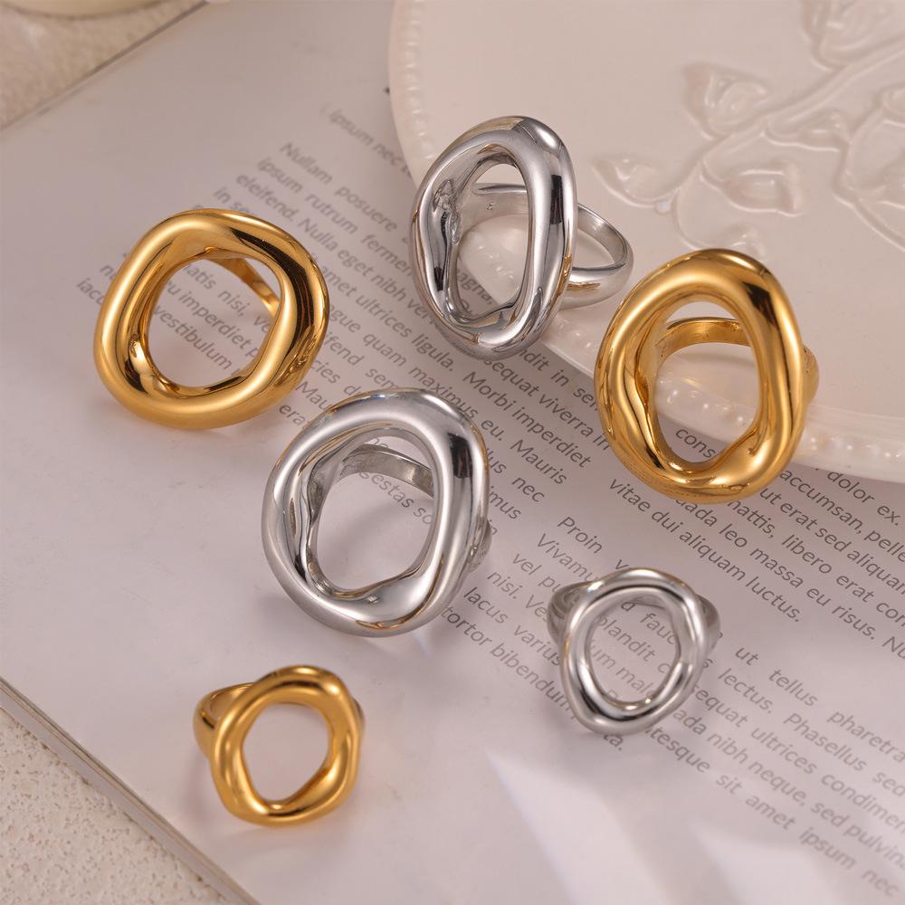 INS Korean Minimalist Geometric Hollow Irregular Round Gold-Plated Titanium Steel Ring