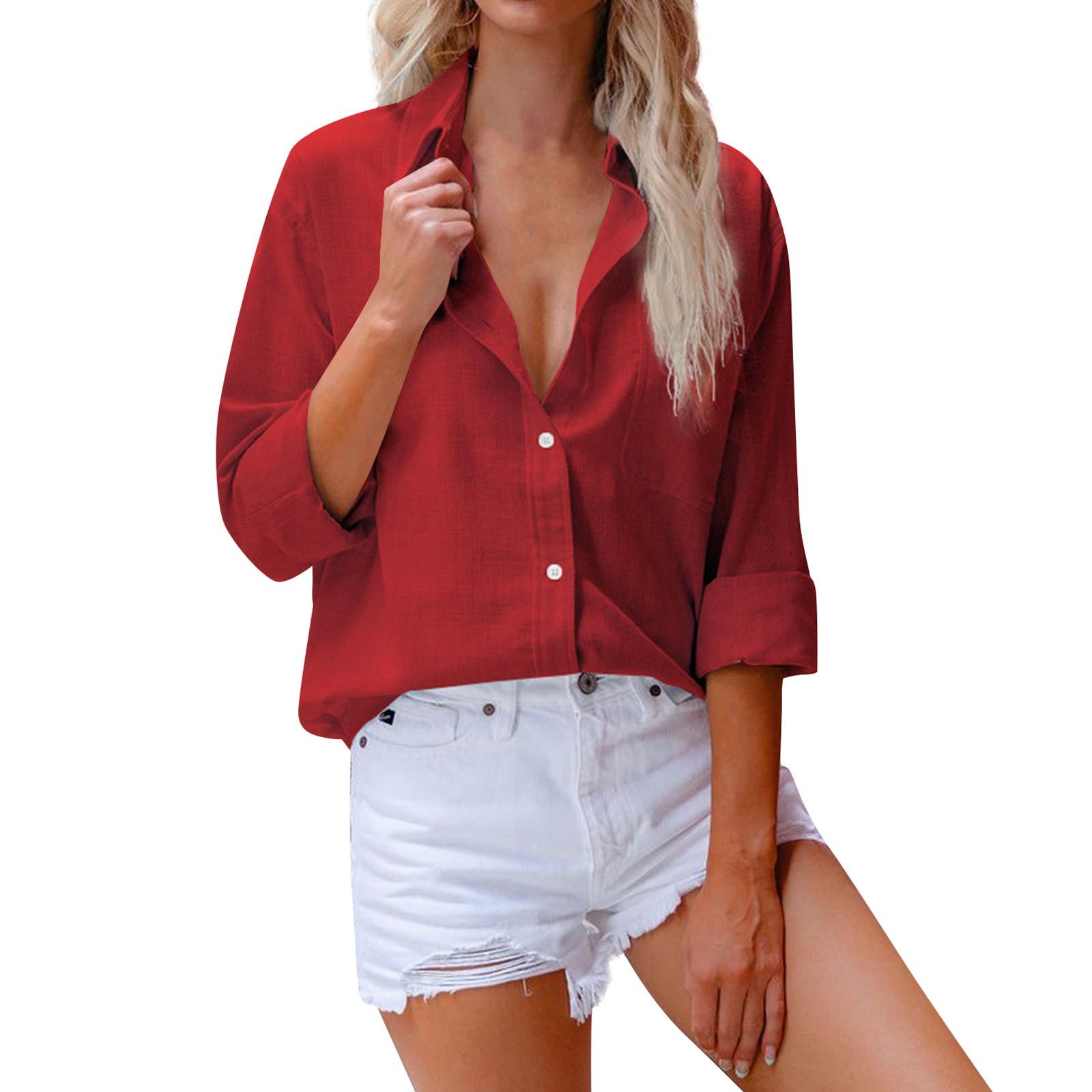 

Женская хлопково-льняная рубашка с длинным рукавом и лацканами, однотонная рубашка XXXL красный