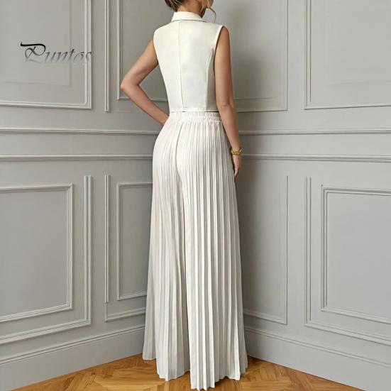 Comfortable Spring Suit Women's 2 Piece Vest Sets Sleeveless Button Crop Blazer Women Set And Wide Leg Pleated Pants Casual Business Outfits Everyday