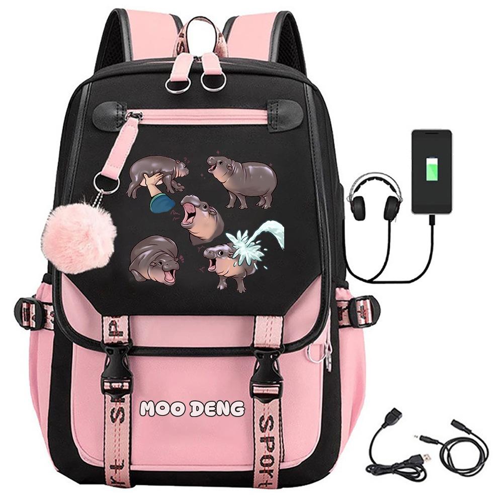 Cute Animal Moodeng Hippo Print Usb Backpack Middle School Student Outdoor Travel Bag