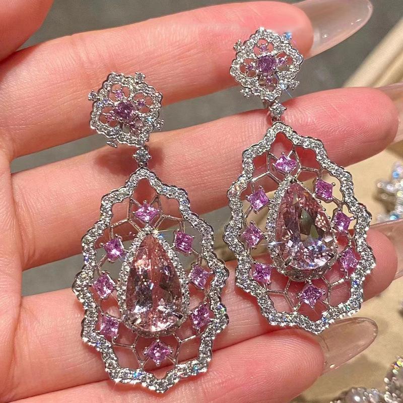 Elegant European Pink Cubic Zirconia Earrings: Luxury Gemstone Ear Studs with Full Diamond Inlay for Women