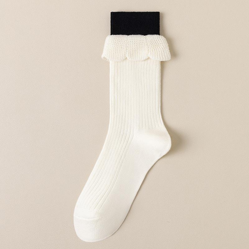 Socks for Women Spring and Autumn, Mid-tube Double Ribbed Cotton Socks Bubble Mouth Autumn and Winter Loose Mouth Yuezi Pile Socks