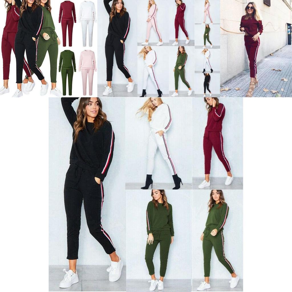 Women's 2 Pcs/set Tracksuits Comfy Striped Loungewear With O-neck And Drawstring