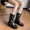 Belt Buckle Pleated Medium Boots Women's Autumn and Winter Outer Wear Retro Punk Side Zipper Trouser Tube Boots Western Style Cowboy Boots