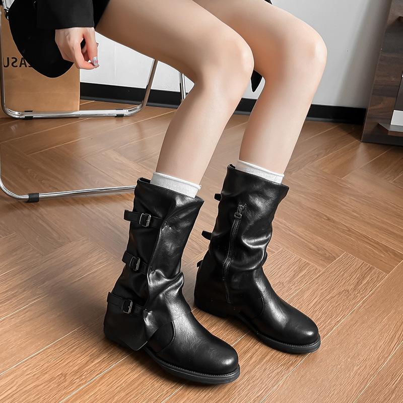 Belt Buckle Pleated Medium Boots Women's Autumn and Winter Outer Wear Retro Punk Side Zipper Trouser Tube Boots Western Style Cowboy Boots