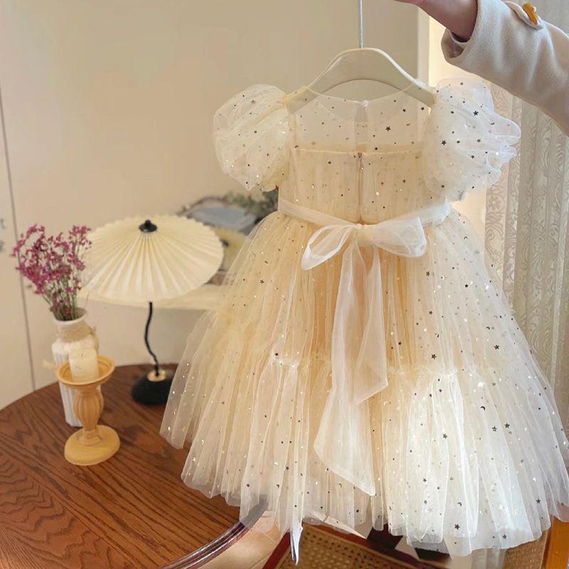 2023 Korean Princess Puff Sleeve Glitter Mesh Dress for Girls