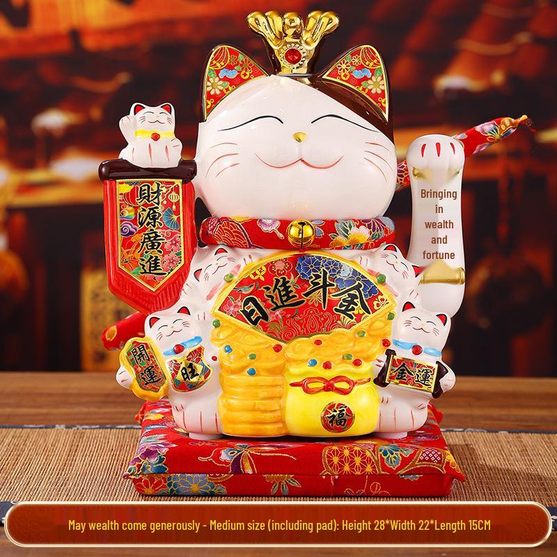 Automatic Waving Ceramic Lucky Cat Figurine - Perfect for Housewarming, Cash Register, or Living Room Decor