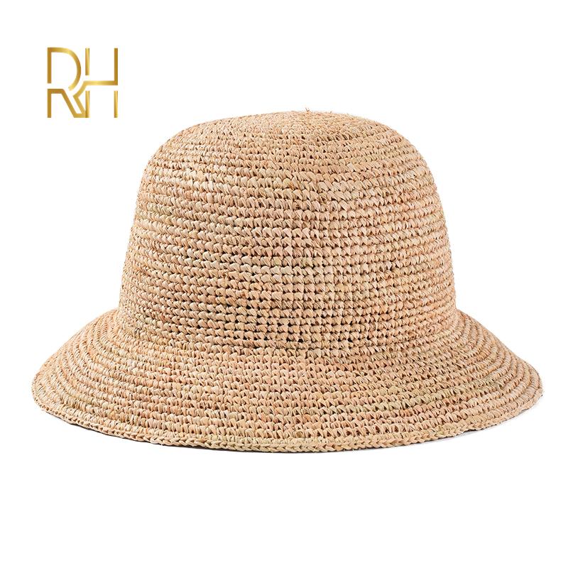 My Extreme Outdoor Activities Women's Natural Rh Handmade Crochet Raffia Straw Bucket Hat Spring Summer Beach Floppy Fisherman Caps 56-58Cm