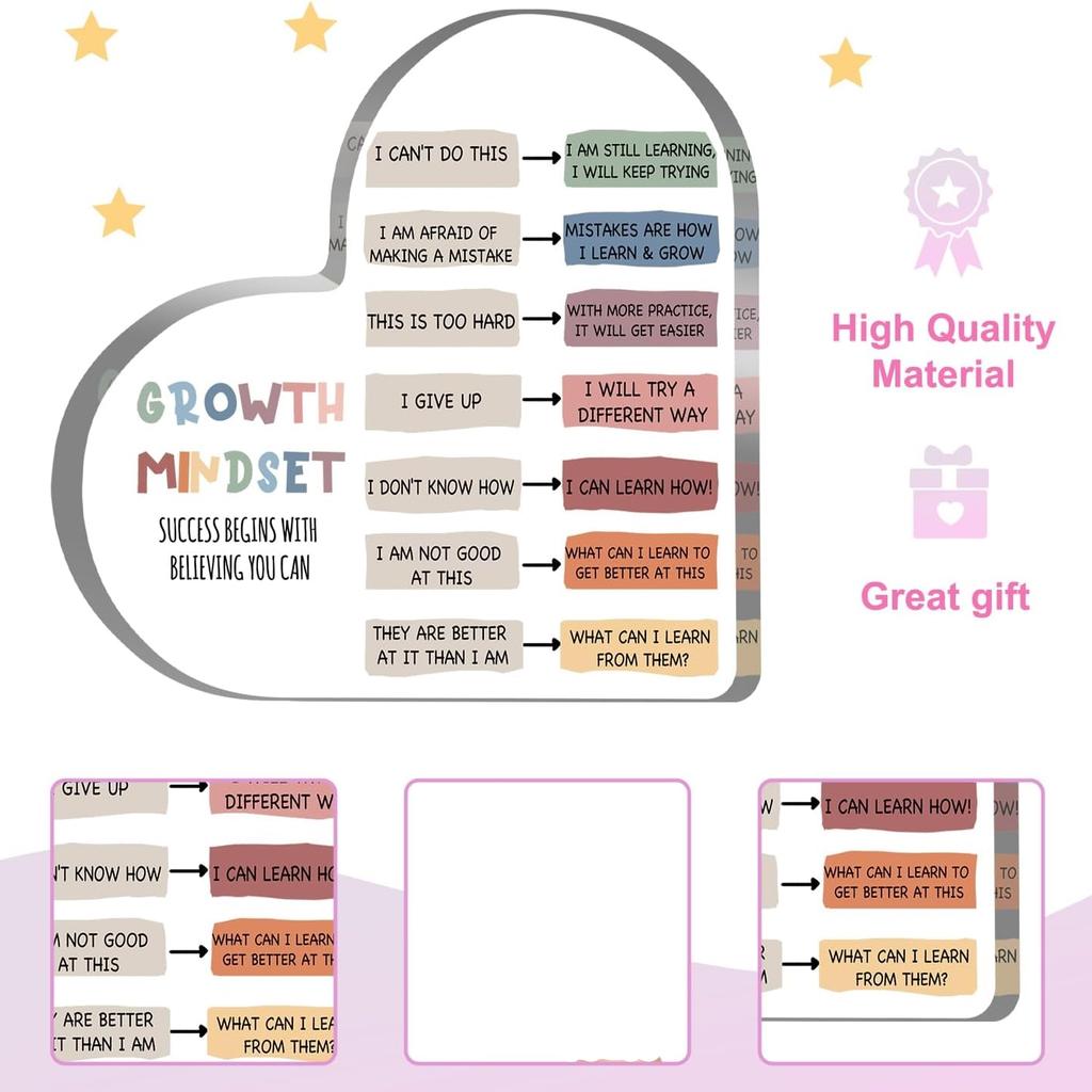 Growth Mindset Decor, Mental Health Therapy Office Classroom Art Educational Acrylic Heart Inspirational Gift