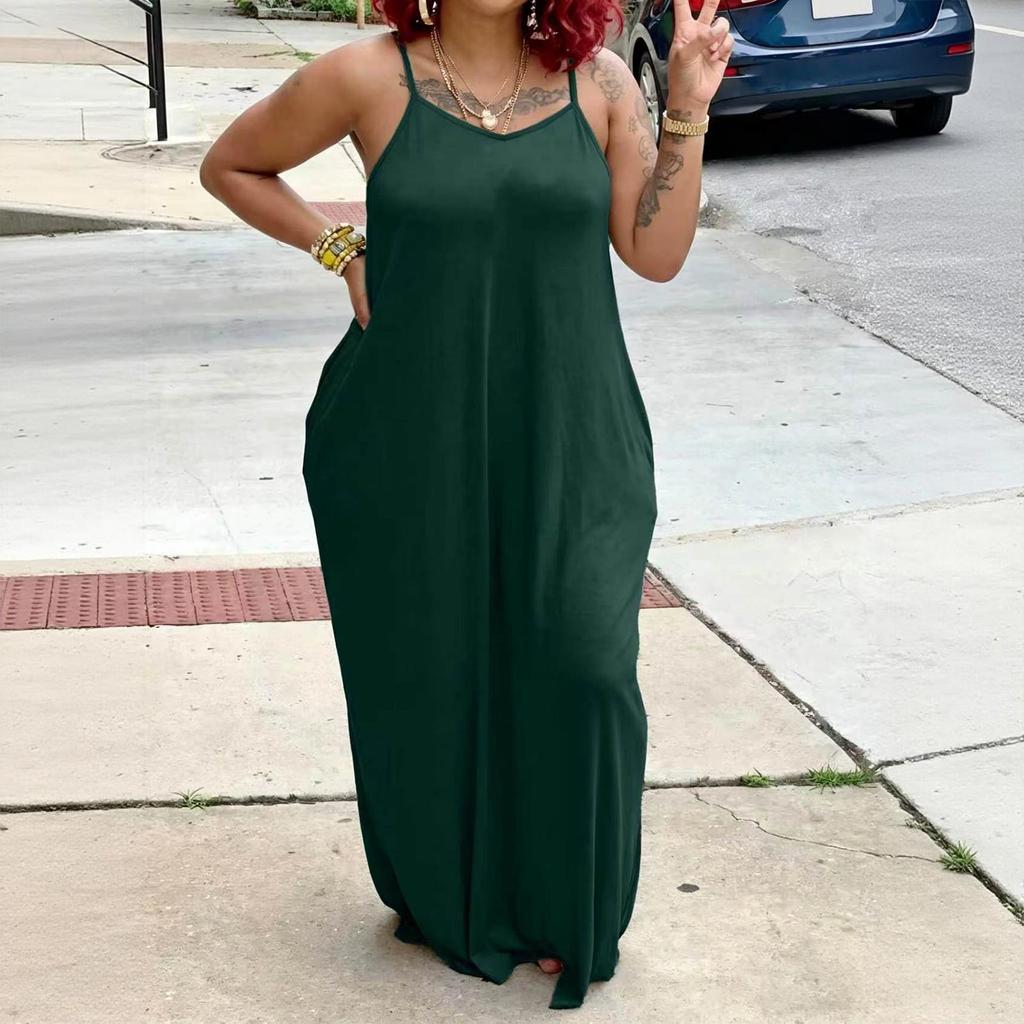 Women's Loose Fit Sleeveless Maxi Dress Casual Spaghetti Strap Relaxed Style Long Dress with Pockets for Summer Fashion