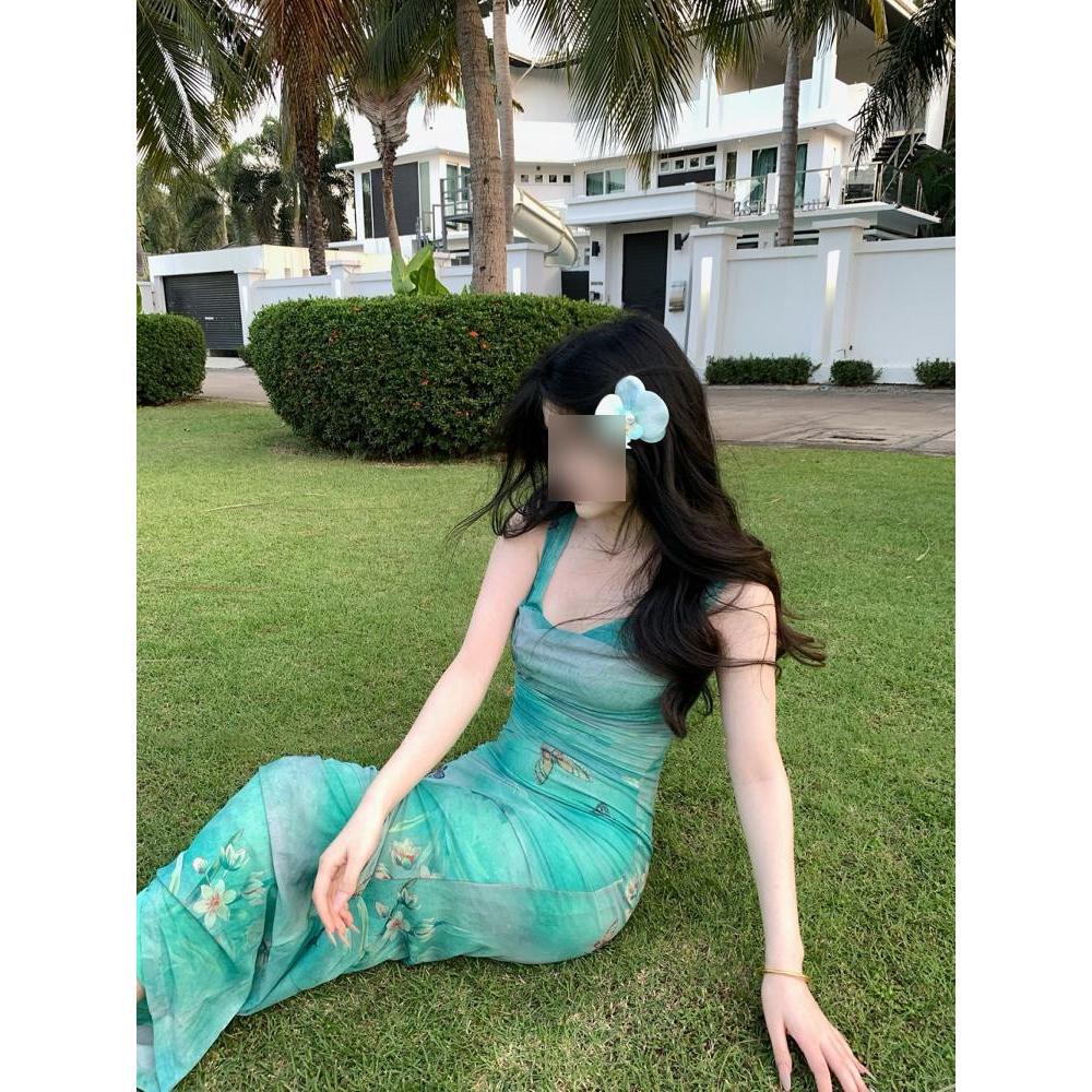 Rochie verde franțuzesc cu imprimeu, cu guler leagăn, cu bretele, de vacanță la malul mării, frumoasă, cu croială slim fit, cu trena tip coadă de pește, care urmărește șoldurile, rochie de vară pentru femei