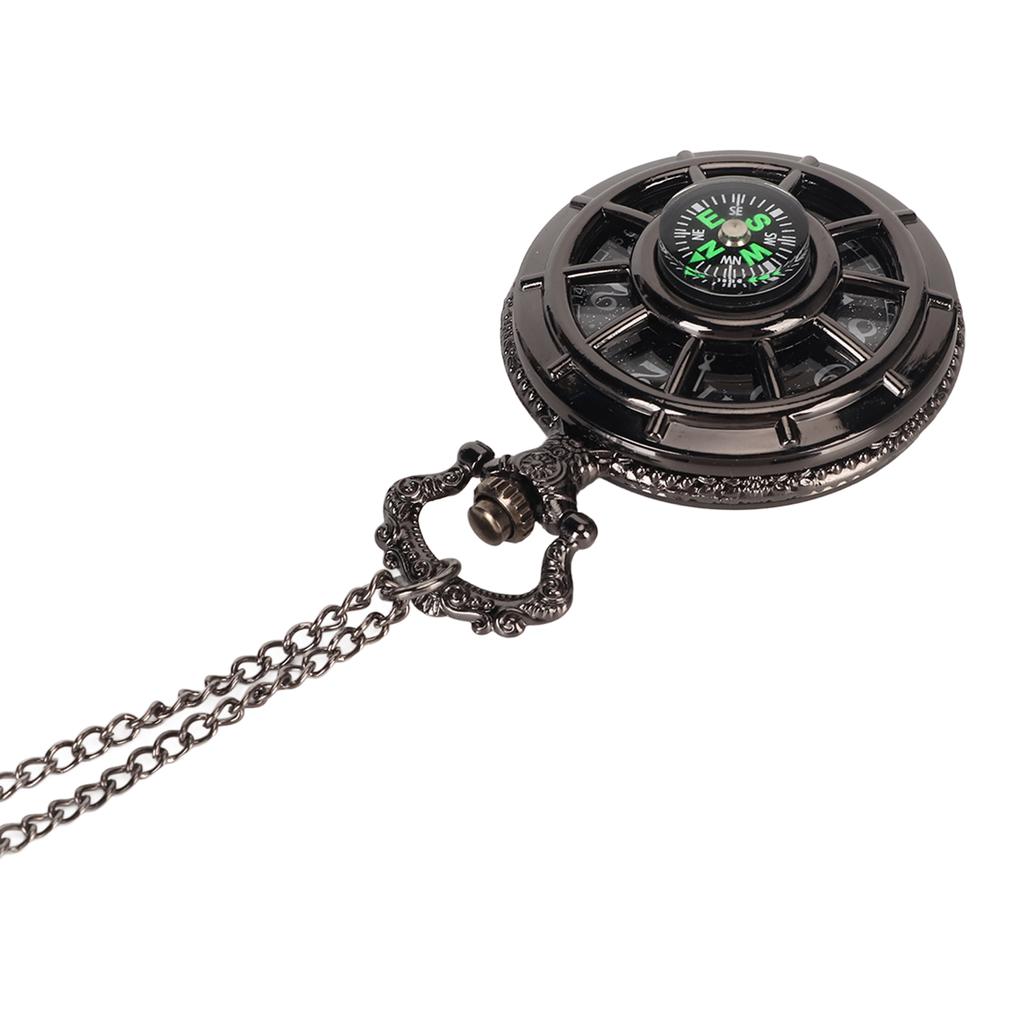 Vintage Pocket Watch Quartz Movement Hollow Out Dial Compass Men Pocket Watch with Chain Black