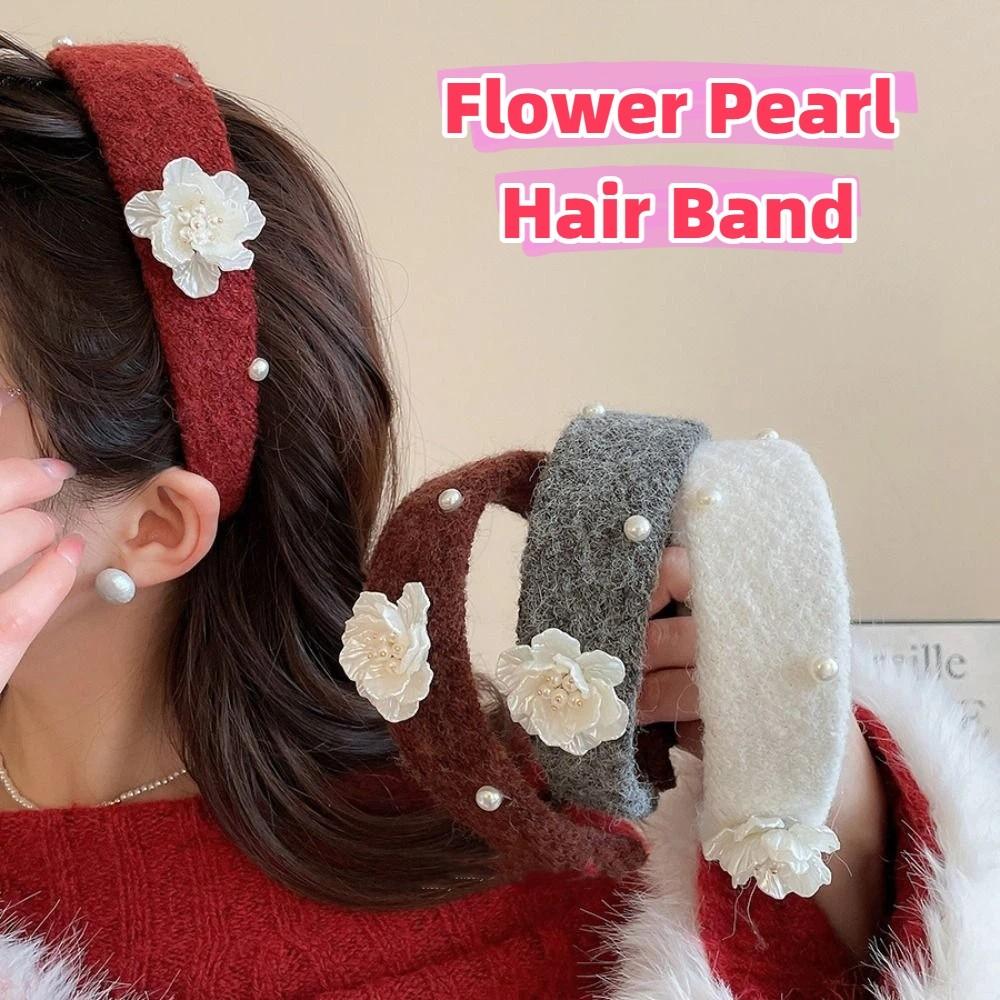 Sweet Floral Pearl Hair Hoop Korean Style Wide Edge Hairband Flocking Flower Headband  Lady
