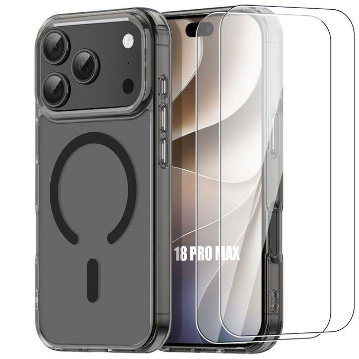 Coque + 2 Verres Trempés pour iPhone 18 Pro Max, Antichoc avec Anneau Magnétique - Noir Translucide