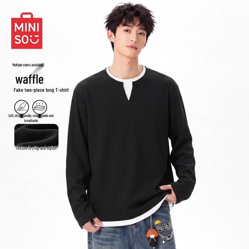 MINISO Men's Waffle Knit Faux Two-Piece Long Sleeve T-Shirt