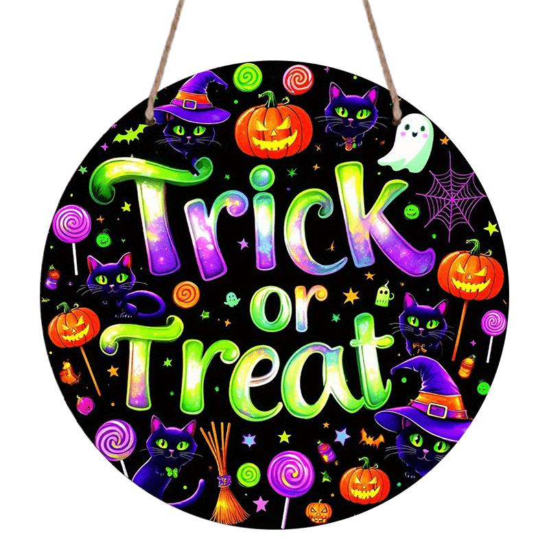 2D Flat, 1pc Round Halloween Decorations, Wreath Sign with  Trick or Treat  Text, Round Aluminum Sign- Great for Holiday Season and New Year Decor 7.87×7.87inch