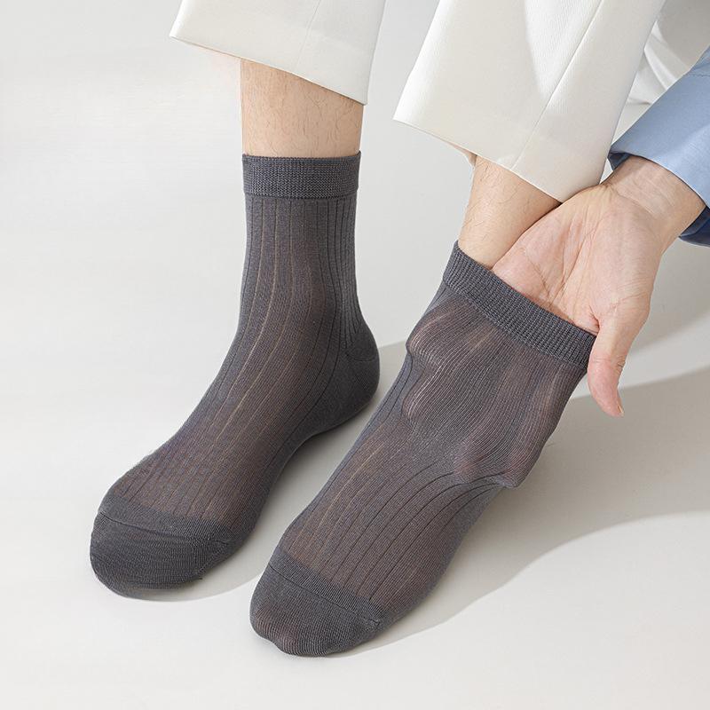 Men's Mulberry Silk Mid-calf Socks, Boneless Solid Color Casual Business Socks, Light and Breathable Mid-calf Socks for Spring and Summer