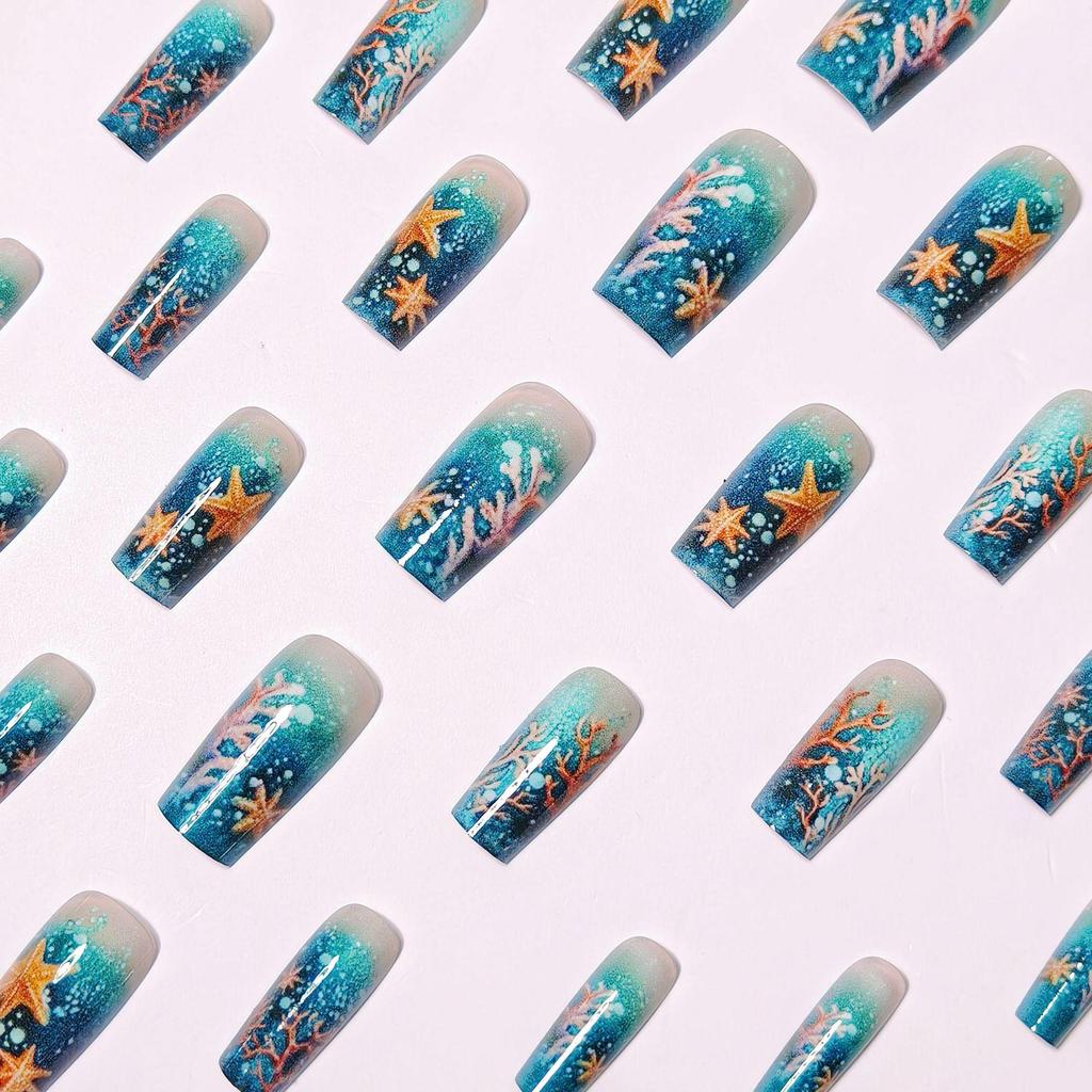 Elegant Glossy Dark Blue Starfish Nail Art Stickers - 24 Medium-Length Wearable False Nails