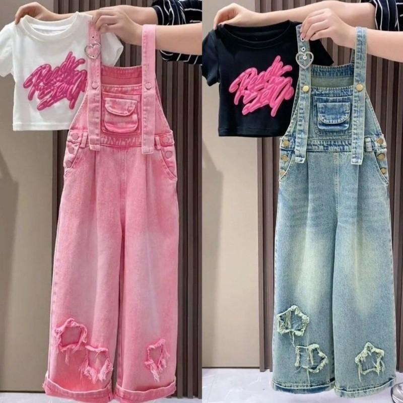 Adorable Girls Summer Outfits Loose Fit Denim Suspenders Set With Colorful T-shirt