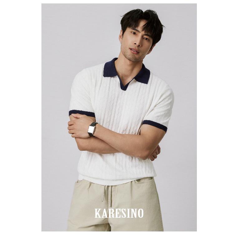 

Летняя дышащая мужская рубашка поло в итальянском стиле, с цветными блоками, для зрелых и модных мужчин, с V-образным вырезом, эластичной жаккардовой текстурой, приталенного кроя, с коротким рукавом, вязаная M белый