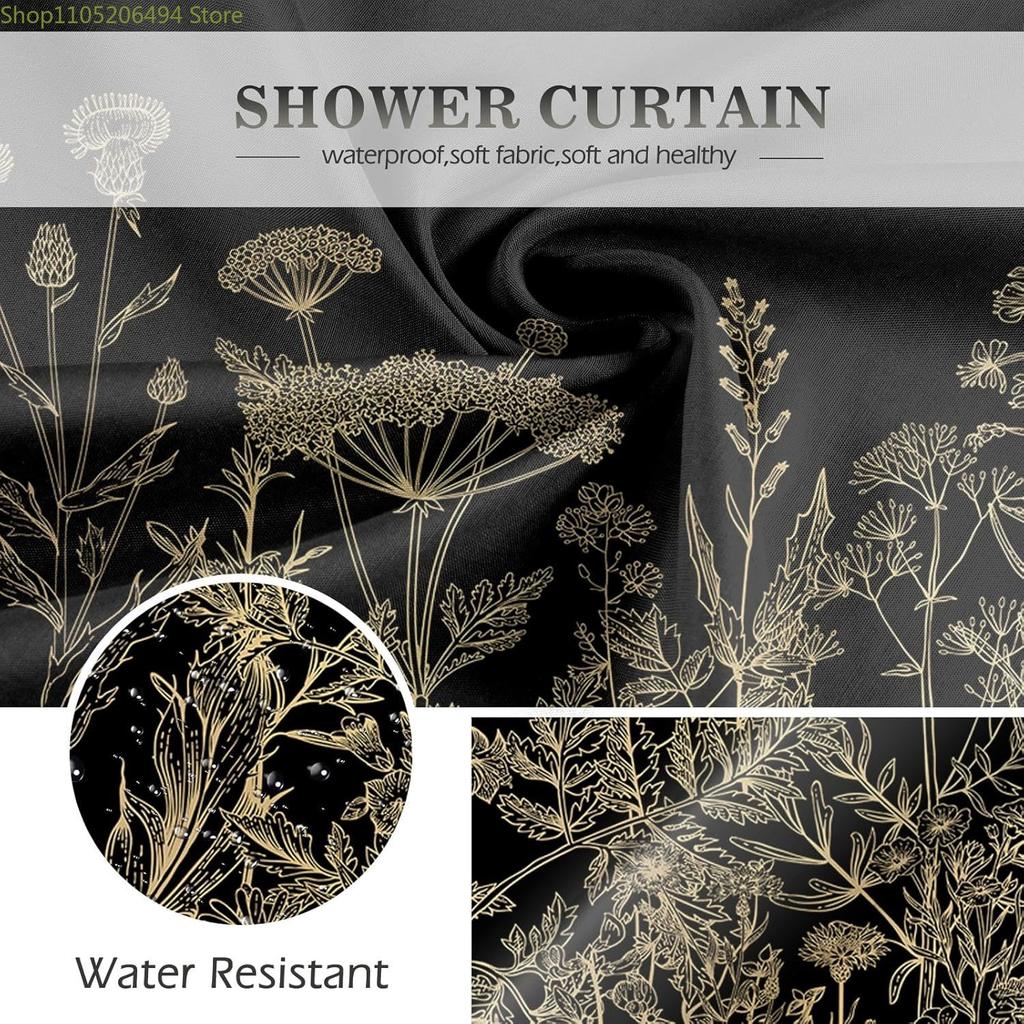 Aimego Spring Floral Shower Curtain- Black and Gold Plant Leaves Wildflower Nature Botanical Flower Fabric Cloth Bath Shower C